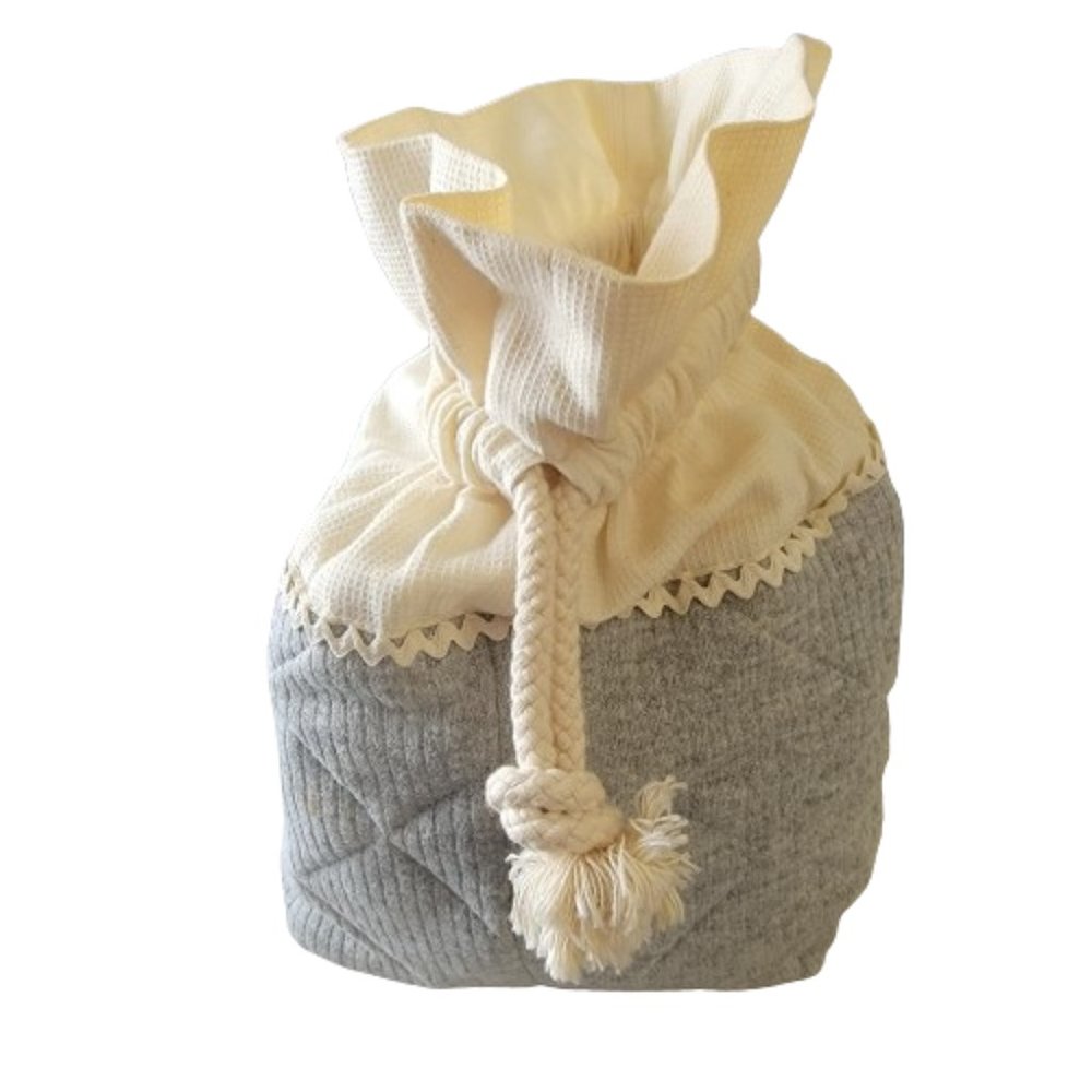 Sylvie Thiriez Creations Two‑Tone Drawstring Tote Bag Rope Pull Grey Beige OS - Picture 13 of 15